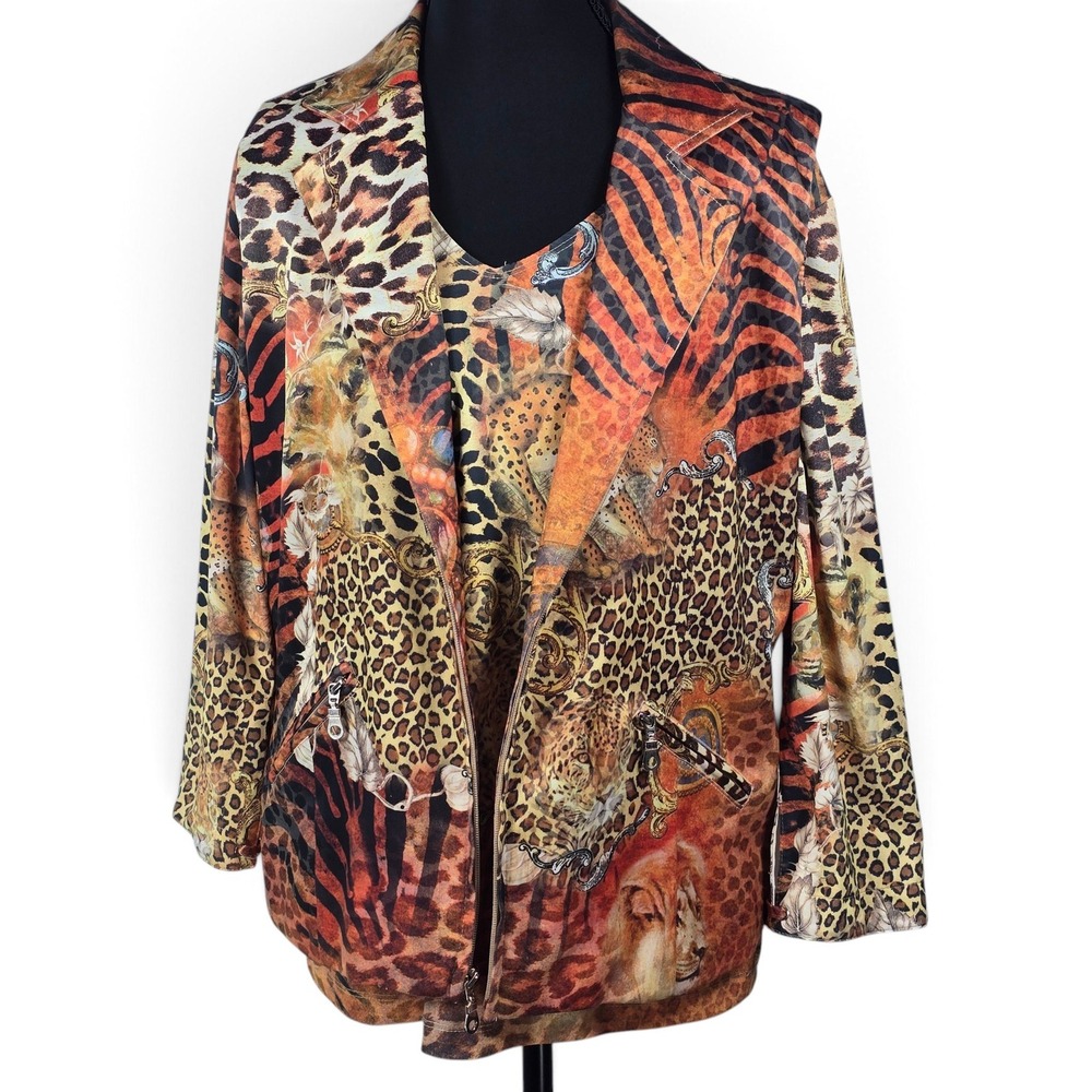 VTG Mesmerize Vest Long Sleeve Top Set Women Medium Safari Animal Print 2Pc Boho